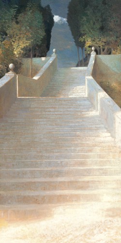 Edwin Aafjes, De trap II (Wunschgröße, Modern, Malerei, Impressionen, Architektur, Treppe, Aufgang, Landschaft, Bäume, Einsamkeit, Stille, Leere, Wohnzimmer, Schlafzimmer, bunt)