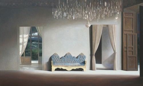 Edwin Aafjes, Empty Ballroom (Wunschgröße, Modern, Malerei, Impressionen,Innenraum, Interieur, Ballsaal, Lüster, Schatten,  Einsamkeit, Stille, Leere, Wohnzimmer, Schlafzimmer, bunt)