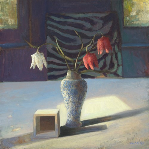 Edwin Aafjes, Kievitsbloemen (Wunschgröße, Modern, Malerei, Impressionen, Stillleben, Tisch,  Blumenvase, Schachblumen, Holzkubus, Lichtflecken, Esszimmer, Küche, Wohnzimmer, bunt)