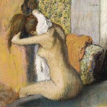 Edgar Degas, After the Bath (Aktmalerei, Rückenakt, nackte Frau, nach dem Bad, Ankleide, Impressionismus, Klassiker, Treppenhaus, Wohnzimmer, Schlafzimmer, bunt)