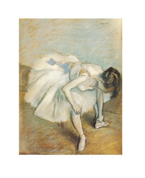 Edgar Degas, Danseuse nouant son brodequin (Ballett, Tänzerin, Ballerina, Ballettschuhe binden, Tutu, Tüll, Impressionismus, Klassiker, Treppenhaus, Wohnzimmer, Schlafzimmer, bunt)