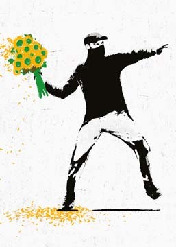 Edition Street Art, Banksy and beyond (Street Art, Modern, Malerei, Mensch, Mann, maskiert, Kriminell, vermummt, Blumen, Strauß, Sonnenblumen, Wurf, Jugendzimmer, bunt)