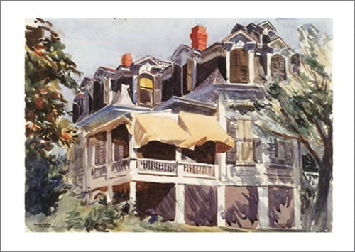 Edward Hopper, The Mansard Roof, 1923 (American Scene, Malerei, Realismus, Gebäude und Architektur, Haus, Villa, viktorianisch, Bäume, Sommer, Hitze, Menschenleere, Wohnzimmer, bunt)