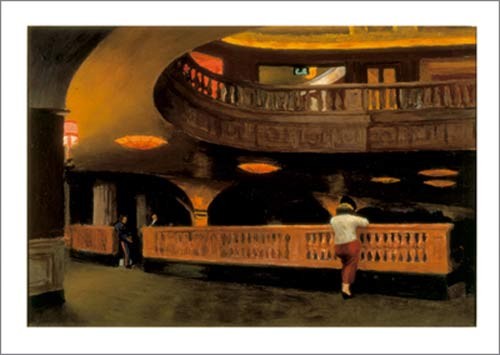 Edward Hopper, The Sheridan Theatre, 1928 (American Scene, Malerei, Realismus, Gebäude und Architektur, Theater, Balustrade, Interieur, Treppe, Treppenhaus, Wohnzimmer, bunt)