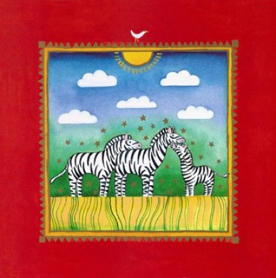 Linda Edwards, Three little zebras (Kinderwelten, Tiere, Zebras, naiv, niedlich, fröhlich, Sommer, Kinderzimmer, bunt)