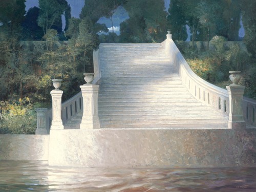 Edwin Aafjes, De trap (Wunschgröße, Modern, Malerei, Impressionen, Architektur, Treppe, Aufgang, Landschaft, Bäume, Einsamkeit, Stille, Leere, Wohnzimmer, Schlafzimmer, bunt)