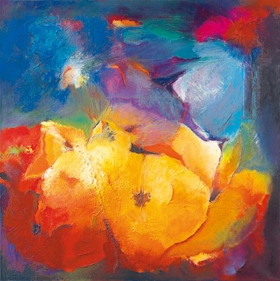 EGA, Blossom Glow II (Abstrakt, Abstrakte Malerei, floral, Blumen, Blüten,  modern, Wunschgröße, pastos, Wohnzimmer, Büro, leuchtend, bunt)