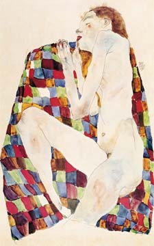 Egon Schiele, Akt (Malerei, Frau, Erotik, nackt, Liegende, lasziv, Klassische Moderne, People & Eros, Expressionismus, Wohnzimmer, Schlafzimmer, bunt)