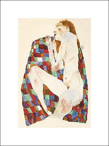 Egon Schiele, Female Nude On Coloured Blanket, 1911 (Büttenpapier) (Malerei, Frau, Erotik, nackt, Liegende, lasziv, Klassische Moderne, People & Eros, Expressionismus, Wohnzimmer, Schlafzimmer, bunt)