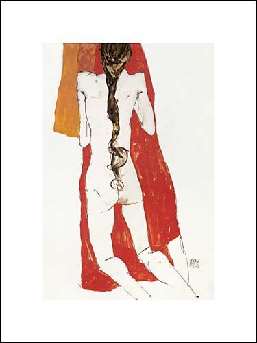 Egon Schiele, Nude Back Of Girl With Long Plait, 1913 (Büttenpapier) (Malerei, Frau, Rückenakt, Erotik, nackt, Zopf, Klassische Moderne, People & Eros, Expressionismus, Wohnzimmer, Schlafzimmer, bunt)