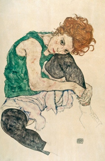 Egon Schiele, Sitzende Frau mit hochgezogenen (Wunschgröße, Malerei, Frau, nachdenklich, melancholisch, lasziv, Klassische Moderne, People & Eros, Expressionismus, Wohnzimmer, Schlafzimmer, bunt)