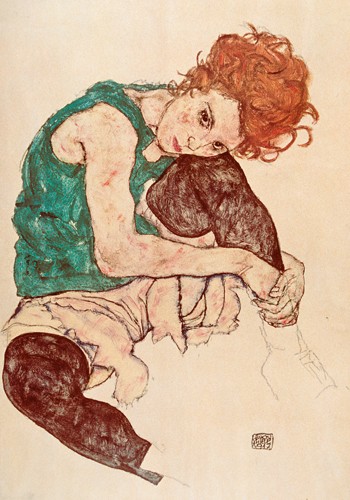 Egon Schiele, Sitzende Frau (Wunschgröße, Malerei, Frau, nachdenklich, melancholisch, lasziv, Klassische Moderne, People & Eros, Expressionismus, Wohnzimmer, Schlafzimmer, bunt)