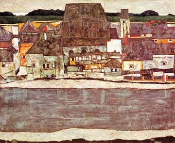 Egon Schiele, Häuser am Fluss II (Wunschgröße, Malerei, Landschaft, Flusslandschaft,  Häuser, Klassische Moderne, Expressionismus, Wohnzimmer, Treppenhaus, bunt)