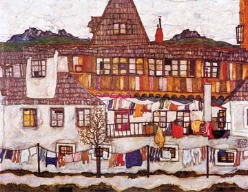 Egon Schiele, Häuser mit trockener Wäsche (Wunschgröße, Malerei, Häuser, Architektur, Fachwerkhaus, Wäscheleinen, Wäsche, Klassische Moderne, Expressionismus, Wohnzimmer, Treppenhaus, bunt)