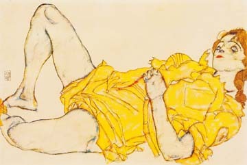 Egon Schiele, Liegende Frau im gelben Kleid (Wunschgröße, Malerei, Expressionismus, Frau, Erotik, lasziv, breitbeinig, gelbes Kleid, Klassische Moderne, Schlafzimmer, bunt)
