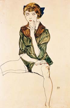Egon Schiele, Mädchen mit grünem Hemd (Wunschgröße, Malerei, Expressionismus, Frau, Erotik, lasziv, breitbeinig, grünes Hemd, Klassische Moderne, Schlafzimmer, bunt)