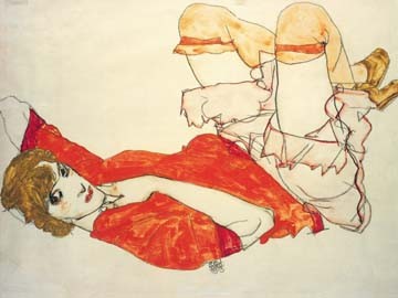 Egon Schiele, Wall in roter Bluse mit erhob. (Wunschgröße, Malerei, Expressionismus, Frau, Lebenspartnerin, Wallburga Pfneisl, Wally, Erotik, lasziv, liegend, erhobene Beine, Klassische Moderne, Schlafzimmer, bunt)