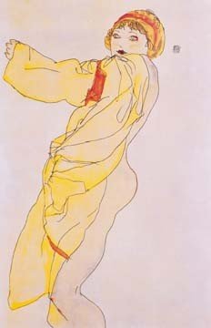 Egon Schiele, Frau mit Kleid (Wunschgröße, Malerei, Expressionismus, Frau,  Erotik, gelbes Kleid, Bekleiden, Klassische Moderne, Schlafzimmer, bunt)