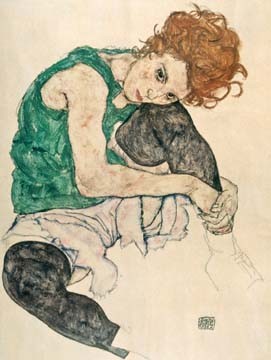 Egon Schiele, Sitzende Frau mit hochgezogenen (Malerei, Frau, nachdenklich, melancholisch, lasziv, Klassische Moderne, People & Eros, Expressionismus, Wohnzimmer, Schlafzimmer, bunt)