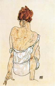 Egon Schiele, Sitzende Frau (Wunschgröße, Malerei, Expressionismus, Frau, sitzende Frau, Erotik, Rückenakt, Klassische Moderne, Schlafzimmer, bunt)