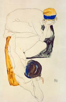 Egon Schiele, Zwei liegende Figuren (Wunschgröße, Malerei, Zeichnung, Frauen, Freundinnen, Akt, nackt, Erotik, Schlafzimmer, bunt)