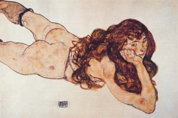 Egon Schiele, Auf dem Bauch liegender Akt (Wunschgröße, Malerei, Expressionismus, Frau, Erotik, Rückenakt, liegender Akt, Klassische Moderne, Schlafzimmer, bunt)