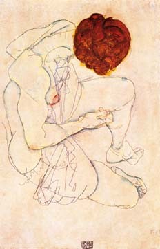 Egon Schiele, Sitzender Frauenakt (Wunschgröße, Malerei, Expressionismus, Frau, Erotik, lasziv, breitbeinig, Klassische Moderne, Schlafzimmer, bunt)