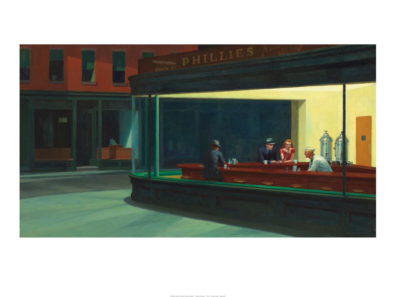 Edward Hopper, Nighthawks (American Scene, Malerei, Realismus, Gebäude und Architektur, Bar, Theke, Barkeeper, Glasscheibe, Fenster, Einblick, Menschen, Nachtschwärmer, Wohnzimmer, Wohnzimmer, bunt)