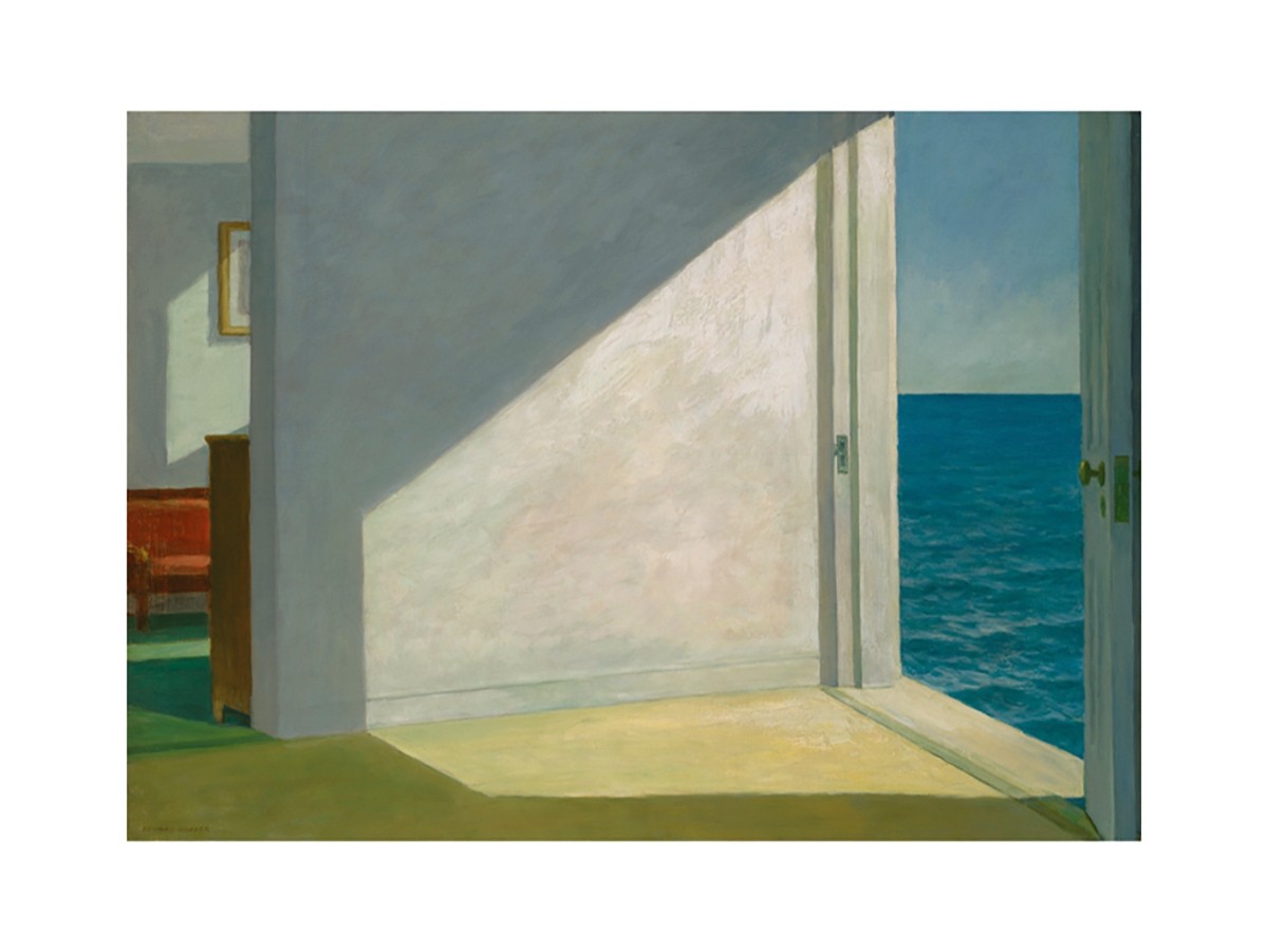 Edward Hopper, Rooms by the Sea (American Scene, Malerei, Realismus, Gebäude und Architektur, Zimmer, Ausblick, Meer, Meeresblick, Sonnenlicht, Schatten, Leere, Menschenleere, Isolation, Wohnzimmer, bunt)