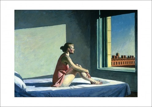 Edward Hopper, Morgensonne, 1952 (American Scene, Malerei, Realismus, Gebäude und Architektur, Zimmer, Innenraum, Fenster, Licht, Lichteffekt, Bett, Frau, Ausblick, Isolation, Sonne, Schlafzimmer, bunt)
