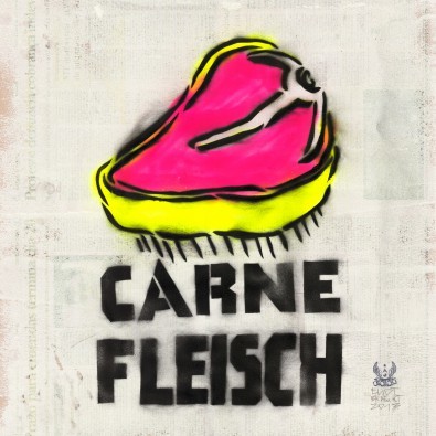 Eliot, Carne (Street Art, Graffity, Fleisch, Steak, Urban Art, portugisisch-deutsch, Treppenhaus, Küche, Wohnzimmer, Jugendzimmer, modern, Wunschgröße, Grafik, bunt)