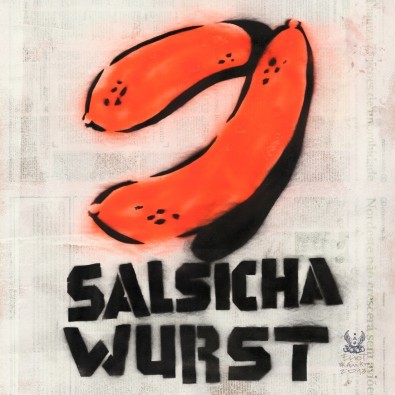 Eliot, Salsicha (Street Art, Graffity, Wurs, Würste, Urban Art, portugisisch-deutsch, Treppenhaus, Wohnzimmer, Jugendzimmer, modern, Wunschgröße, Grafik, bunt)