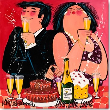 El van Leersum, Live, Life, Love (Wunschgröße, Malerei, Modern, Pop Art, Gesellschaft, Paar, Liebespaar, Leben / Liebe, Genuss, Kuchen Torte, Champagner, Witzig, Komisch, Lustig, Wohnzimmer, Gastronomie, Bistro, Cafe, Esszimmer, bunt)