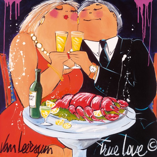 El van Leersum, True Love (Wunschgröße, Malerei, Modern, Pop Art, Gesellschaft, Paar, Liebespaar, Wahre Liebe, Genuss, Hummer, Champagner, Umarmung,  Witzig, Komisch, Lustig, Wohnzimmer, Gastronomie, Bistro, Cafe, Esszimmer, bunt)