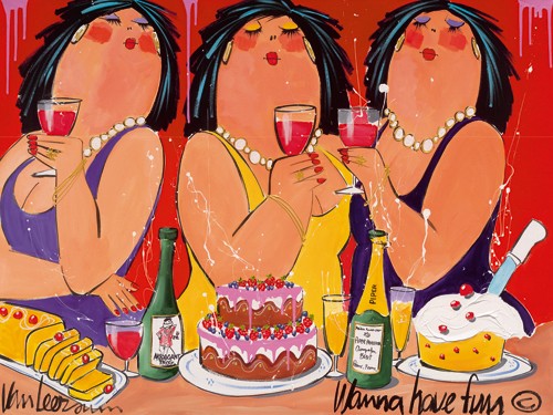 El van Leersum, Wanna have Fun (Wunschgröße, Malerei, Modern, Pop Art,  Gesellschaft, Frauen, Naschen, Genuss, Sußigkeiten, Kuchen, Witzig, Sekt, Komisch, Lustig, Spaß, Wohnzimmer, Gastronomie, Bistro, Cafe, Esszimmer, bunt)