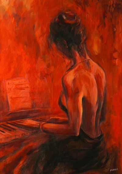 Elena Filatov, Abend für Dich (Klavierspielerin, junge Frau, Rückendekoltee, graziös, erotisch, Eleganz, figurativ, Wohnzimmer, feuerrot)