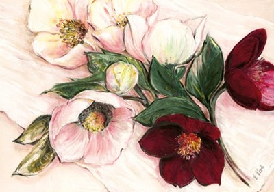 Elisabeth Krobs, Elegant Anemones (Blumen, Blüten, Blumenstrauß, 
Anemonen, filigran, zart,floral, Malerei, Wohnzimmer, Treppenhaus, Esszimmer, Wunschgröße, bunt)