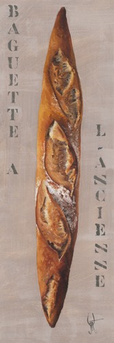 Elodie Defontenay, Baguette  lancienne (Modern, Realismus, Baguette, Brot, abstrakter Hintergrund, Wunschgröße, Treppenhaus, Esszimmer, Bäckerei, Küche, Bistro, Collage, Malerei, braun/grau)