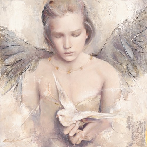 Elvira Amrhein, Rêverie d´ange (Wunschgröße, Malerei, Modern, Fantastische Kunst, Mädchen, Portrait, Flügel, Engel, Blumen, Jugend, Frühling, Jugendzimmer, bunt)