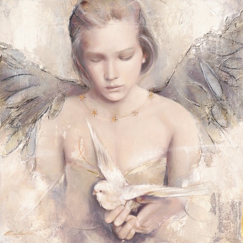 Elvira Amrhein, Rêverie d´ange (Malerei, Modern, Fantastische Kunst, Mädchen, Portrait, Flügel, Engel, Vogel, Sittich, Gefühl, Zartheit, Jugend, Jugendzimmer, bunt)