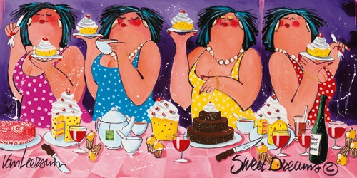 El van Leersum, Sweet Dreams (Wunschgröße, Malerei, Modern, Pop Art,  Gesellschaft, Frauen, Naschen, Genuss, Sußigkeiten, Kuchen, Rotwein, Party, Witzig, Komisch, Lustig, Spaß, Wohnzimmer, Gastronomie, Bistro, Cafe, Esszimmer, bunt)