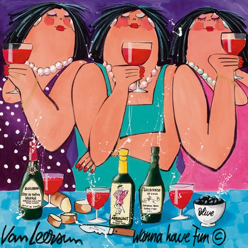 El van Leersum, Wanna have Fun (Wunschgröße, Malerei, Modern, Pop Art,  Gesellschaft, Frauen,Genuss, Cocktail, Fingerfood, Brot, Oliven, Witzig, Komisch, Lustig, Spaß, Wohnzimmer, Gastronomie, Bistro, Cafe, Esszimmer, bunt)