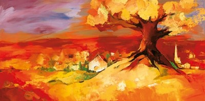 Elena Filatov, Bergkirchen (Natur, Landschaften, Dorf, Baum, Hügel, Horizont, Wohnzimmer, Arztpraxis, leuchtend, Wunschgröße, bunt)