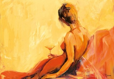 Elena Filatov, Just for one drink (Drink, junge Frau, Verführung, Rückendekoltee, Cocktail, graziös, erotisch, Eleganz, figurativ, Wohnzimmer, Wunschgröße, bunt)