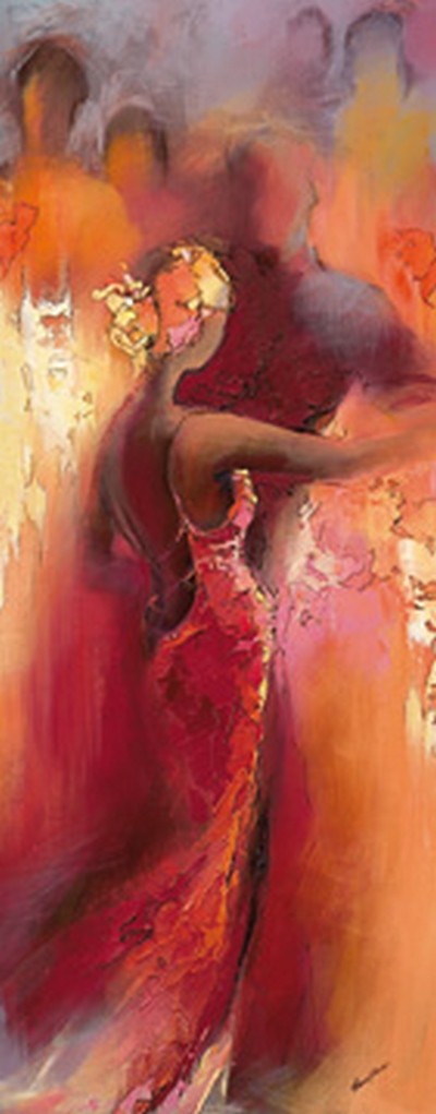 Elena Filatov, Tanzabend I (Tanz, Paartanz, junge Frau, Rückendekoltee, graziös, erotisch, Eleganz, figurativ, Wohnzimmer, Wunschgröße, modern, bunt)