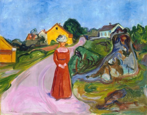 Edvard Munch, Dorfstrasse im Aasgaardstrand (Dorf, Garten, Weg, Spaziergang, Frau, Idylle, friedlich, Klassiker, Expressionismus, Wohnzimmer, Treppenhaus, Treppenhaus,Wunschgröße, bunt)