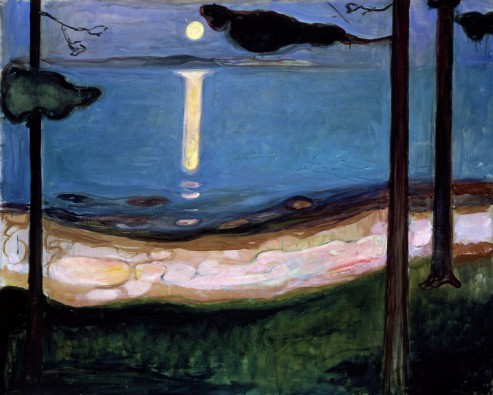Edvard Munch, Mondnacht (Landschaft, Jahreszeit, Sommer, Nachtszene, Mondlicht, romantisch, friedlich, Horizont, Klassiker, Expressionismus, Wohnzimmer, Treppenhaus, Wunschgröße, bunt)