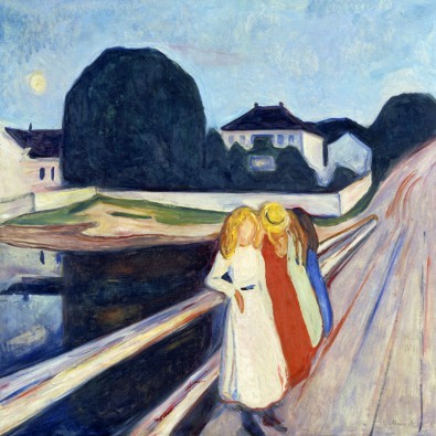 Edvard Munch, Vier Mädchen auf der Brücke (Mädchen, Brücke, Landschaft,  Klassiker, Expressionismus, Wohnzimmer, Treppenhaus, Wunschgröße, Malerei, bunt)