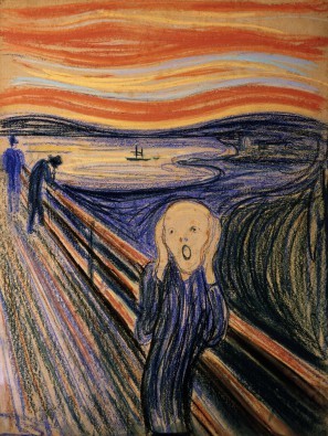 Edvard Munch, Der Schrei (Schrei, Mensch, Brücke, Entsetzen, Bewegung, Linien, Feuerhimmel, Klassiker, Expressionismus, Wohnzimmer, Treppenhaus, Wunschgröße, bunt)