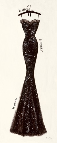 Emily Adams, Couture Noire Original IV (Wunschgröße, Modern, Mode, Kleid, Abendkleid, Diva, Glanz, Silhouette, Eleganz, Couture, Bekleidung,  Grafik, Schlafzimmer, Treppenhaus, Bekleidung, beige / schwarz)